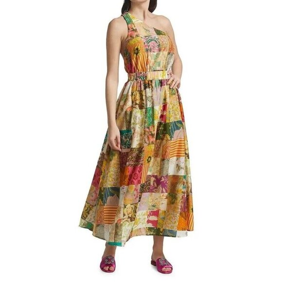 $475 NWD Alemais Hattie One Shoulder Silk Blend Patchwork Midi Dress 8